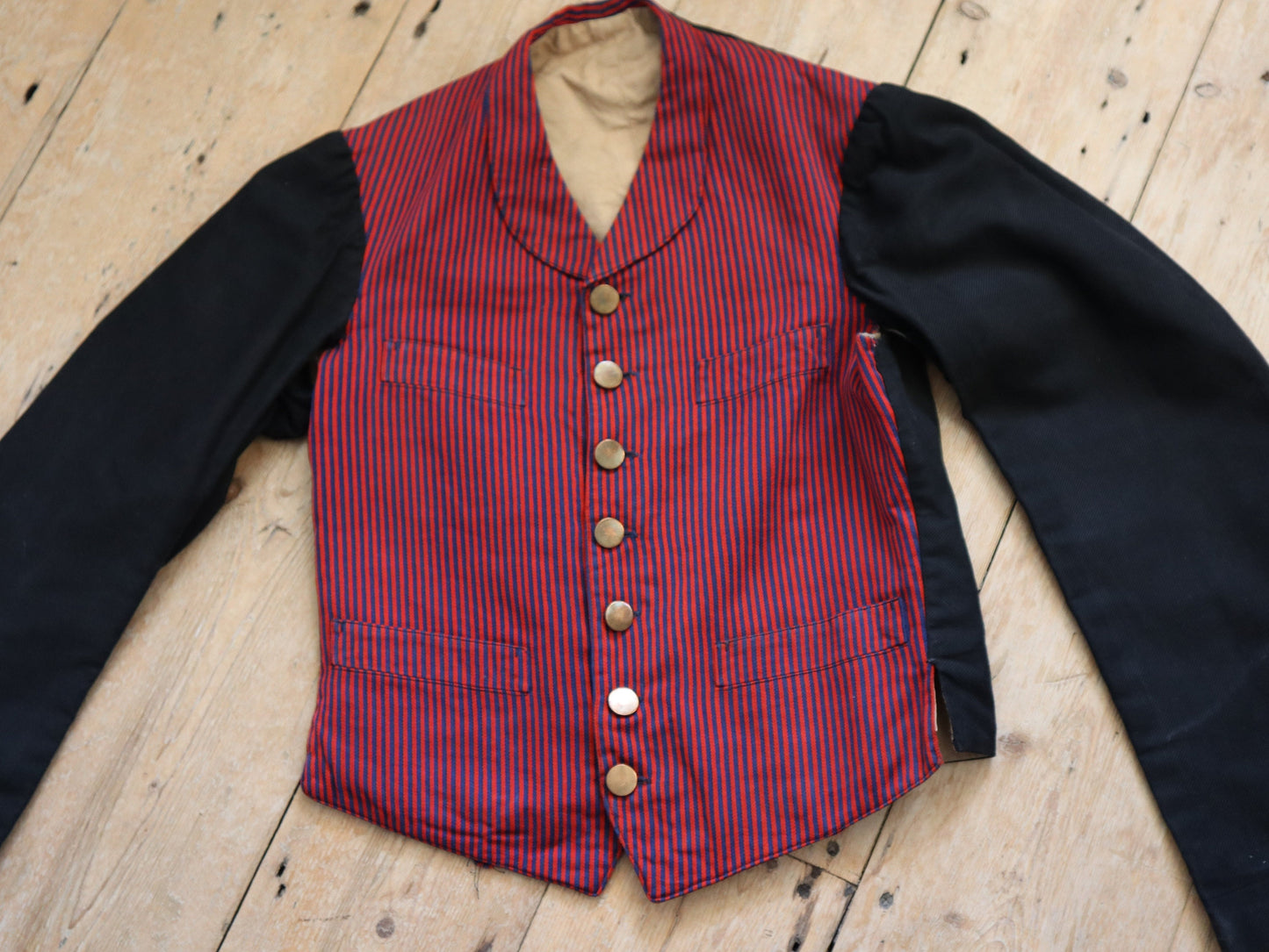 1920s French Red and Blue Striped workwear jacket Black Sleeves servant vest sleeves wool cotton