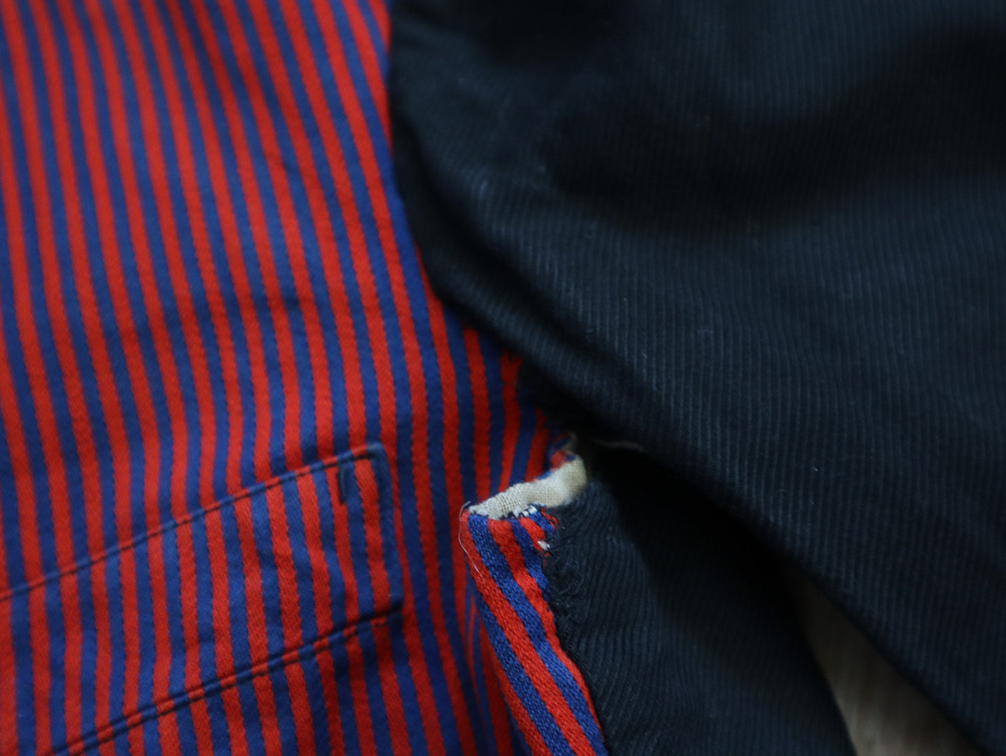 1920s French Red and Blue Striped workwear jacket Black Sleeves servant vest sleeves wool cotton