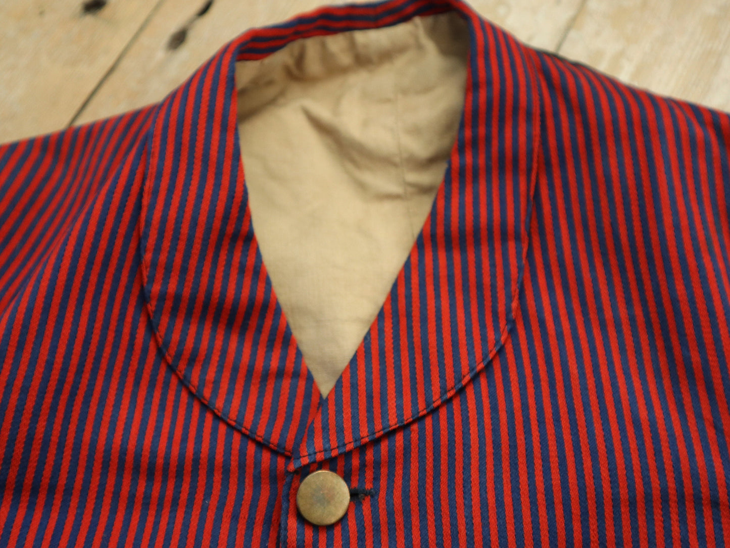 1920s French Red and Blue Striped workwear jacket Black Sleeves servant vest sleeves wool cotton