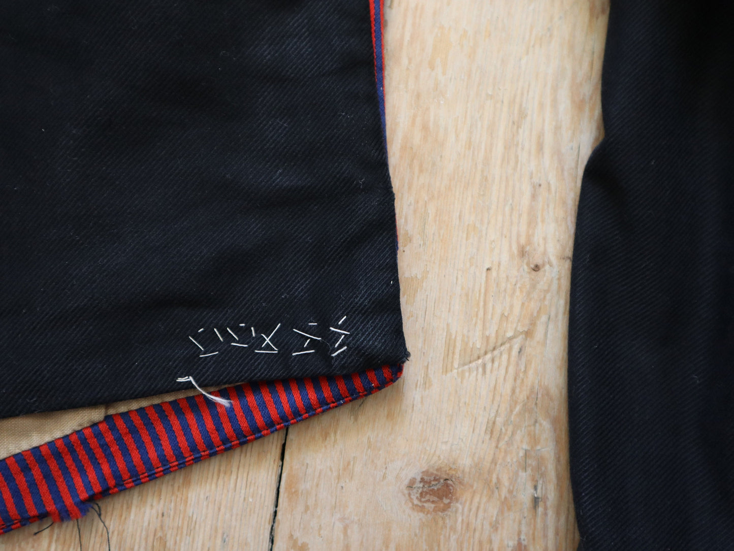 1920s French Red and Blue Striped workwear jacket Black Sleeves servant vest sleeves wool cotton