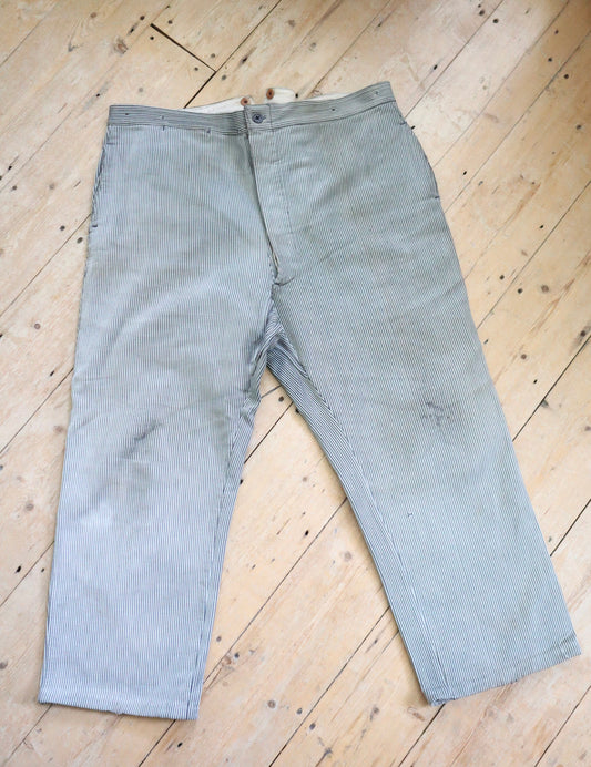 1940s French Workwear Trousers Cotton Stripe Grey Chore Pants