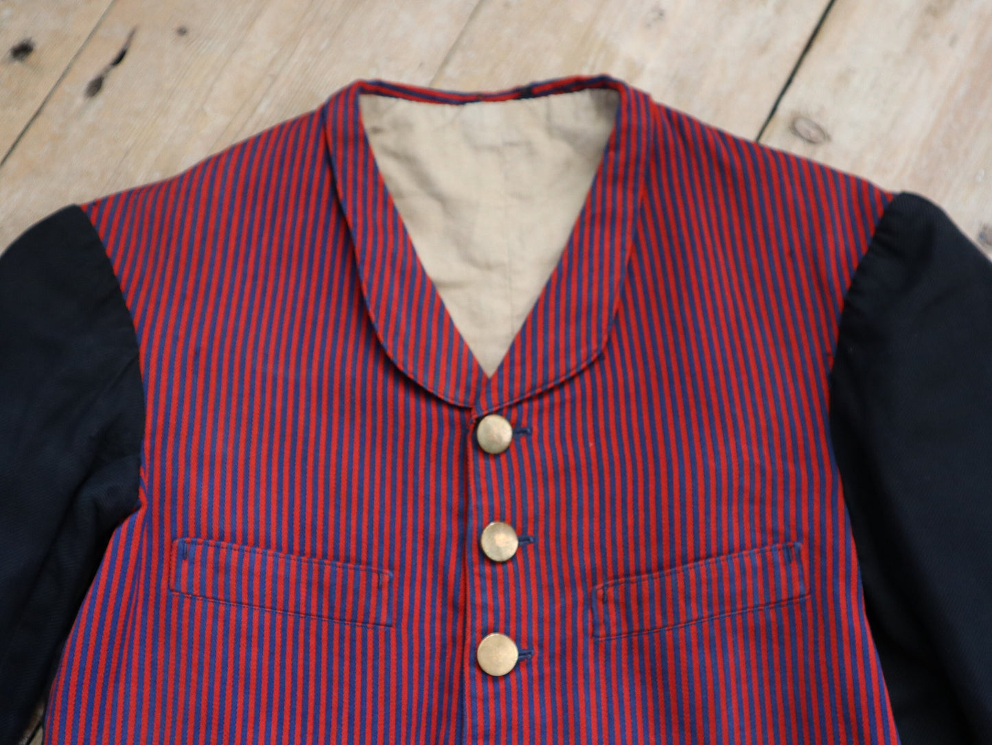 1920s French Red and Blue Striped workwear jacket Black Sleeves  servant vest sleeves wool cotton