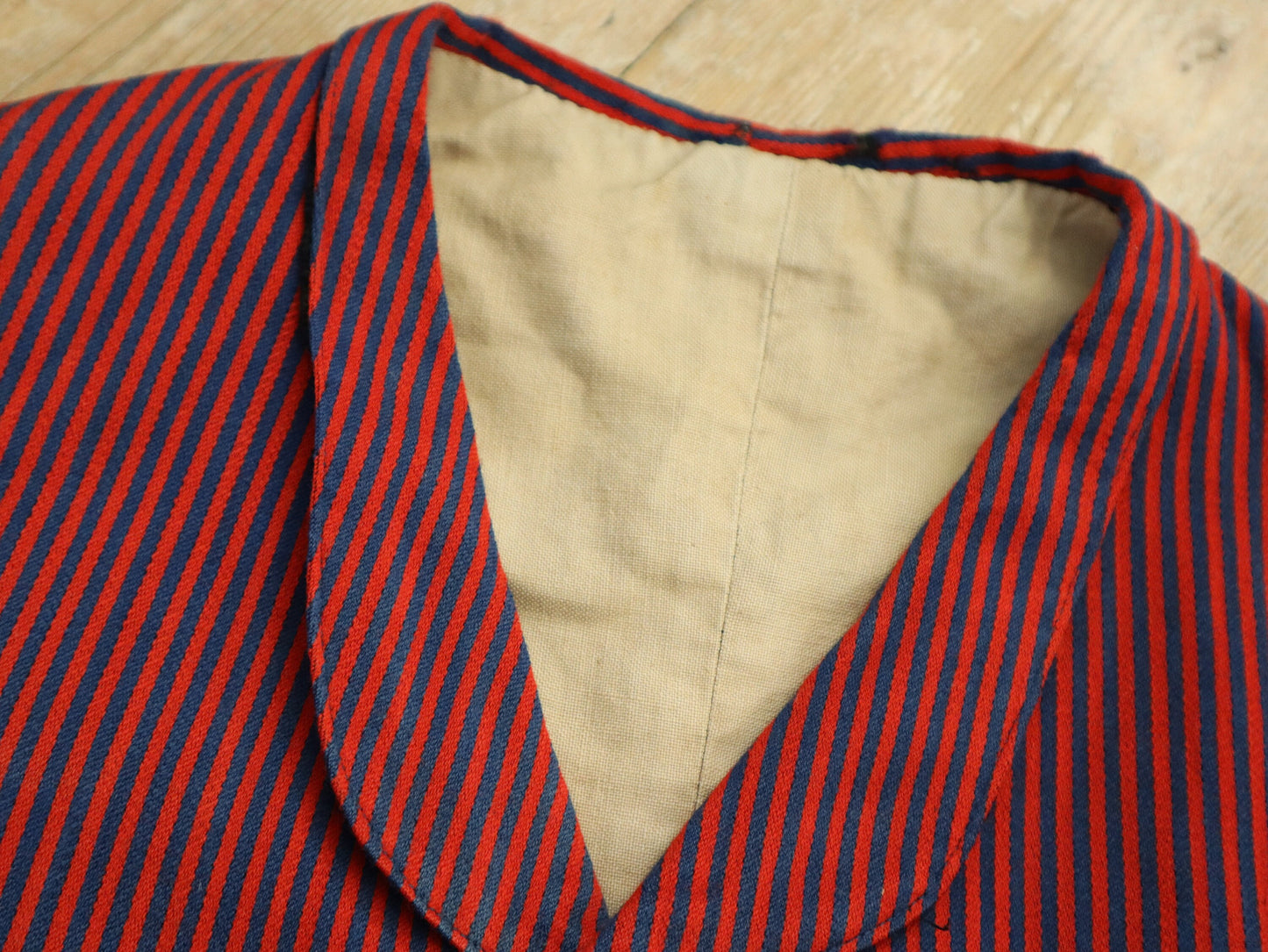 1920s French Red and Blue Striped workwear jacket Black Sleeves  servant vest sleeves wool cotton