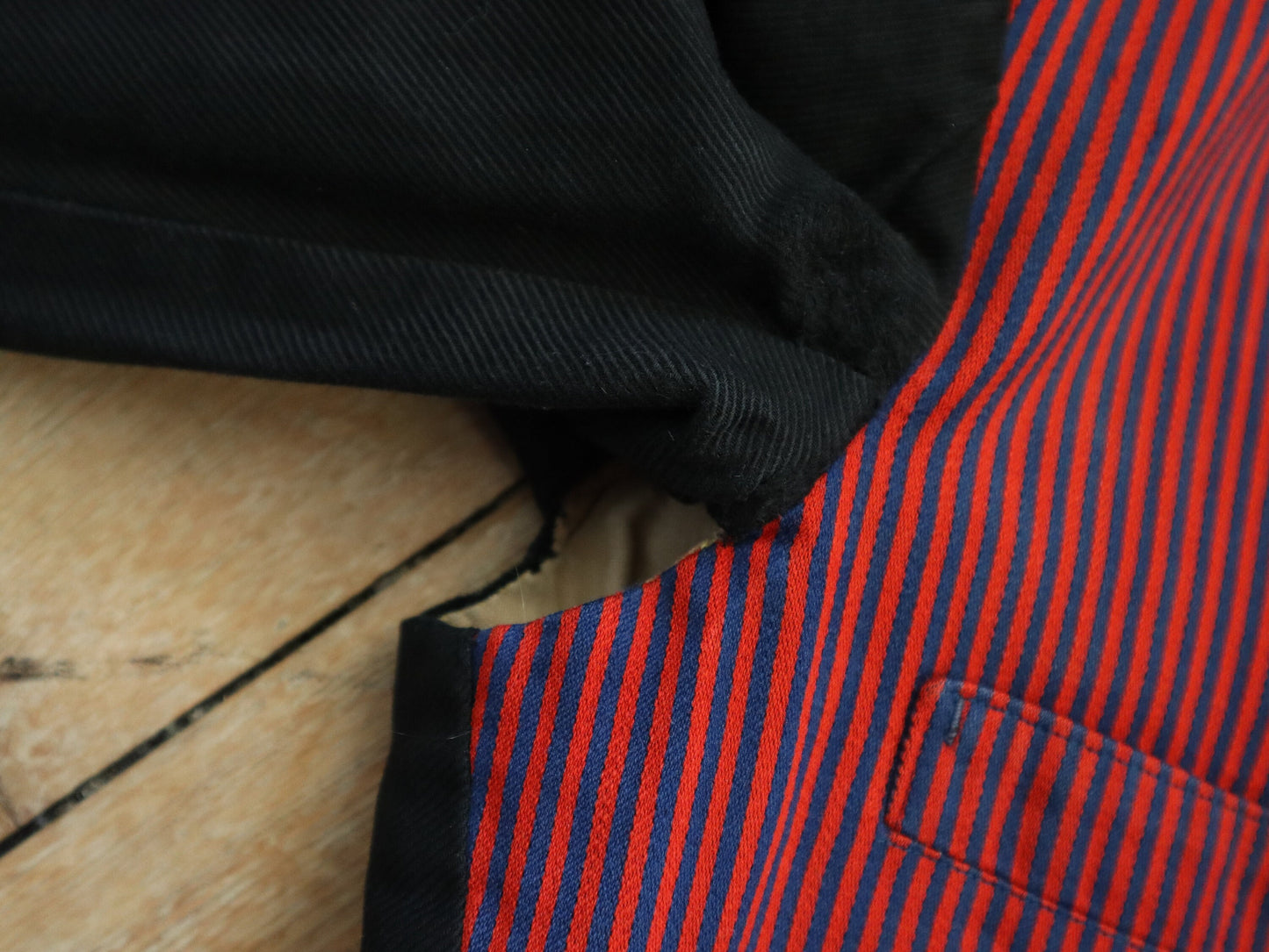 1920s French Red and Blue Striped workwear jacket Black Sleeves  servant vest sleeves wool cotton