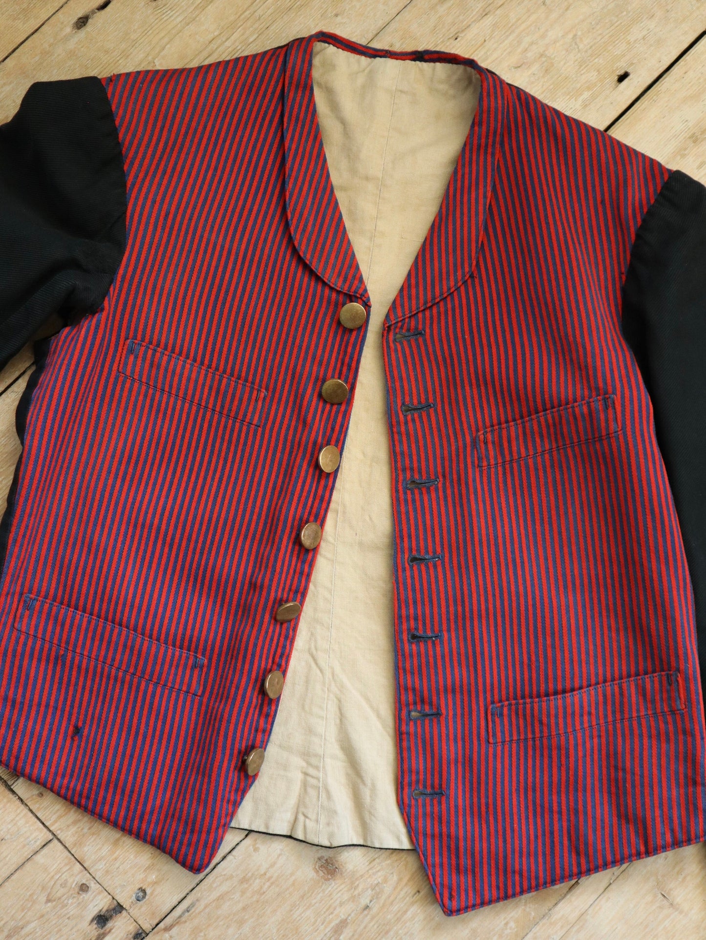 1920s French Red and Blue Striped workwear jacket Black Sleeves  servant vest sleeves wool cotton