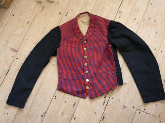 1920s French Red and Blue Striped workwear jacket Black Sleeves servant vest sleeves wool cotton