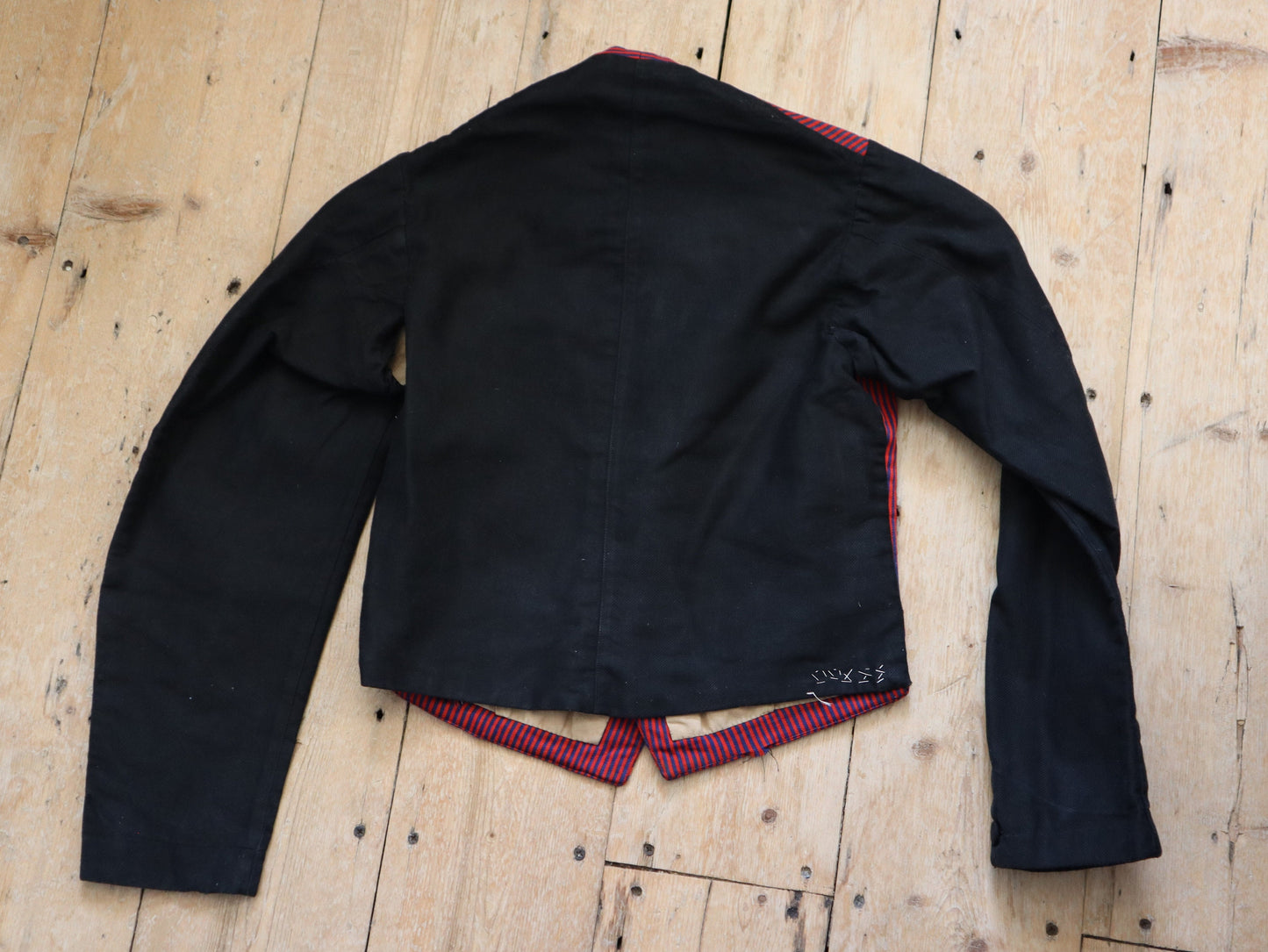 1920s French Red and Blue Striped workwear jacket Black Sleeves servant vest sleeves wool cotton