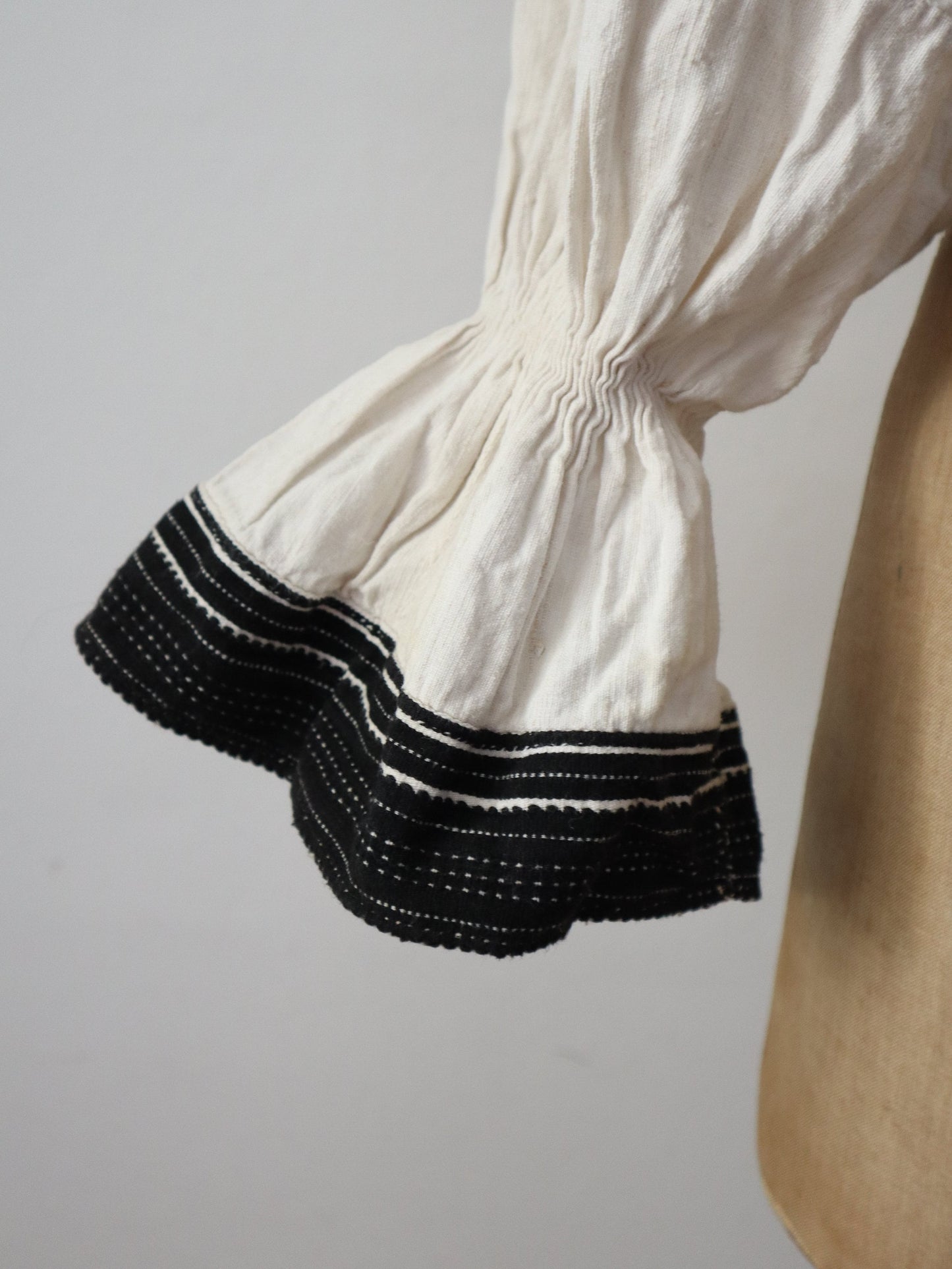 1930s Hungarian Croatian Linen Folk Blouse Black Stripes Big Sleeves Cropped Eastern European traditional clothing