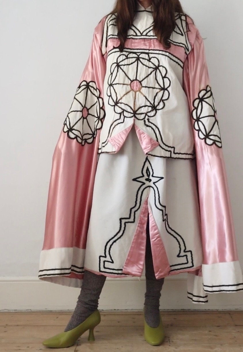 1930s 40s French Two Piece Costume Opera Henri Lebrun Paris Tunic Pink Oyster Tunic Skirt