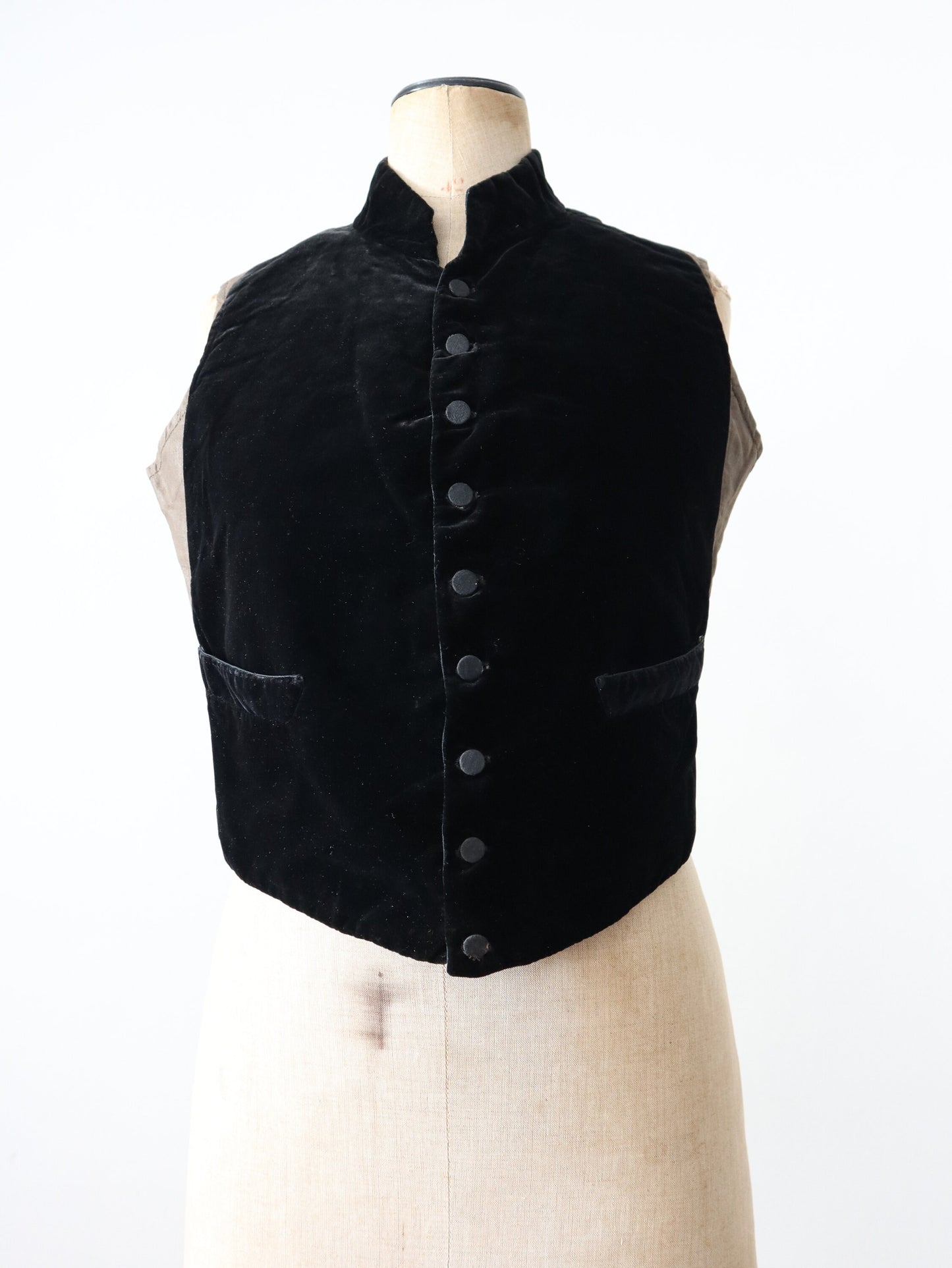 Antique 19th century French Black Silk Velvet Vest Waistcoat Glazed Backing