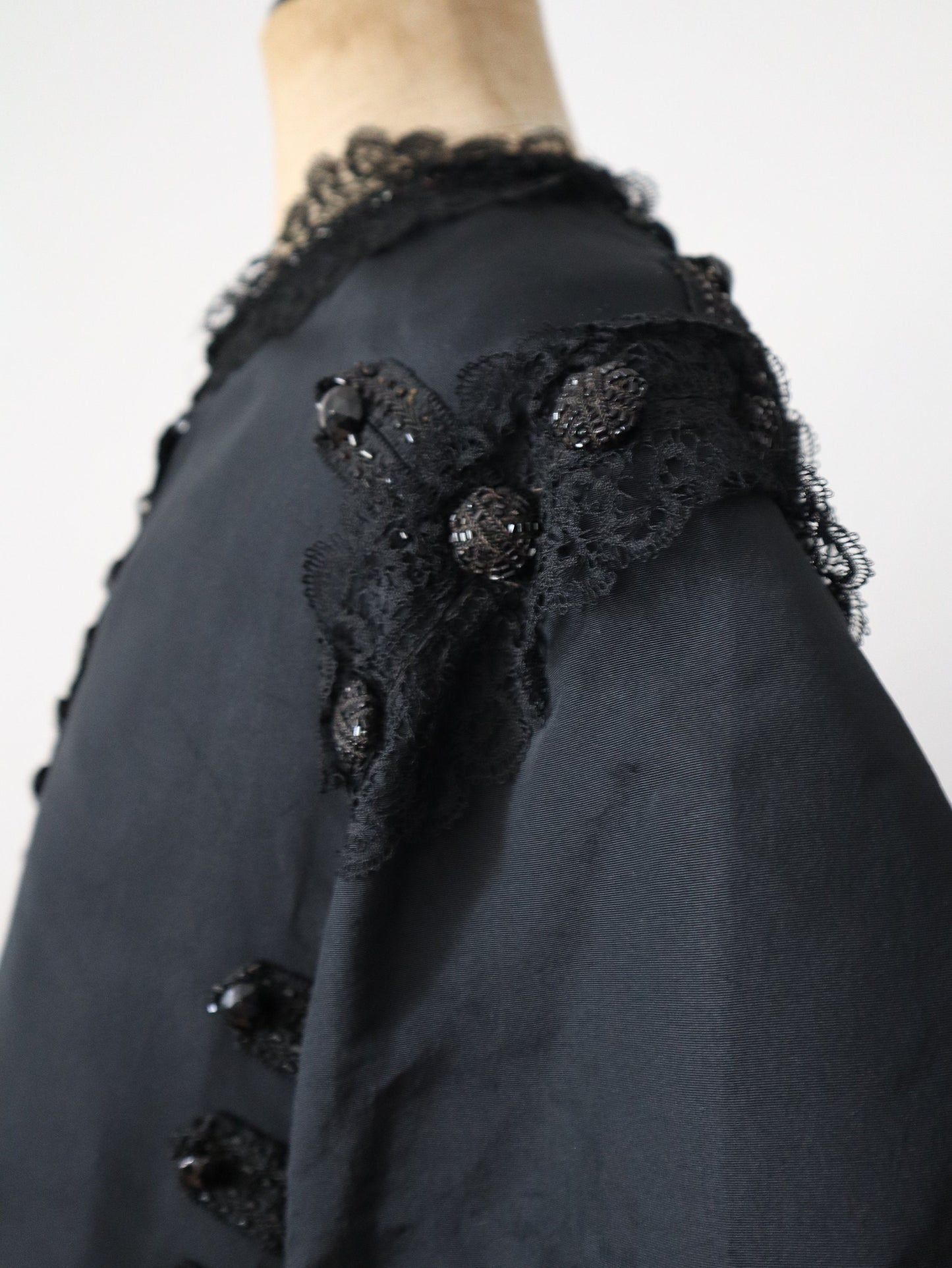 Antique French 1800s Black a silk Jacket Jet Buttons Beading