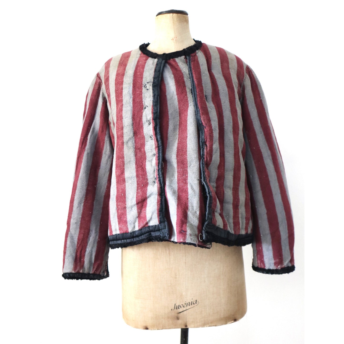 1930s Hungarian Folk Jacket black Velvet Burgundy Grey Stripe Cotton Lining