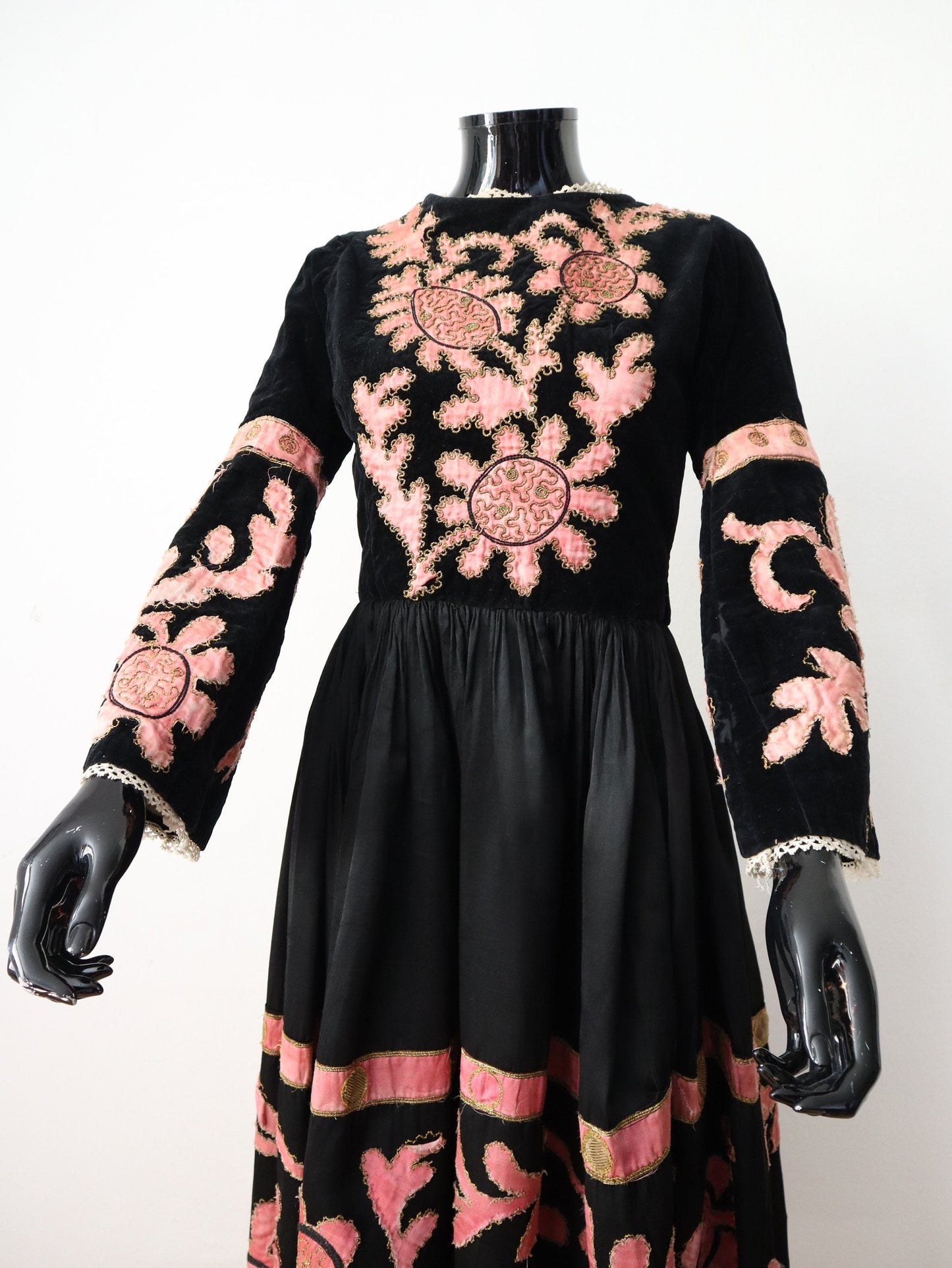 1920s French Theatre Costume Dress Black Velvet Pink Silver Gold Geometric Gaston Zanel Folies Bergere Floral Applique