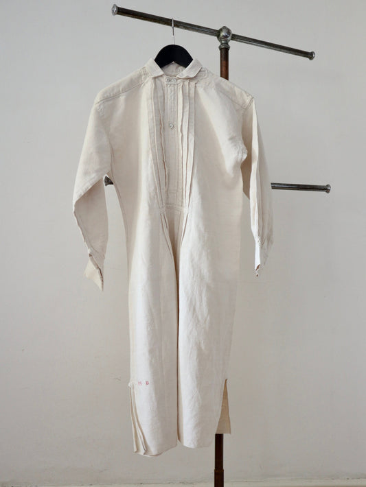 Antique French white linen shirt Pleats long button collar early 1900s