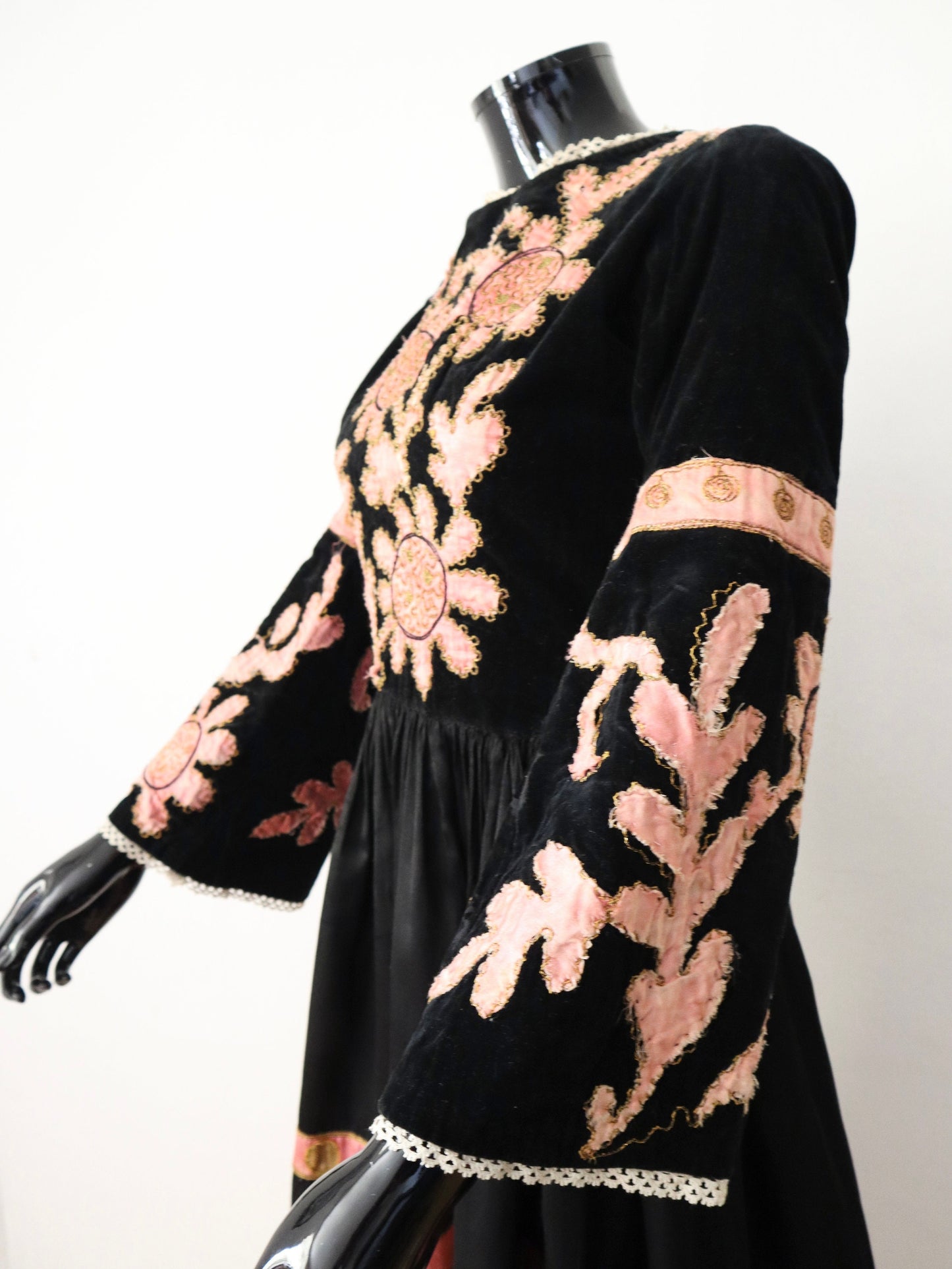 1920s French Theatre Costume Dress Black Velvet Pink Silver Gold Geometric Gaston Zanel Folies Bergere Floral Applique