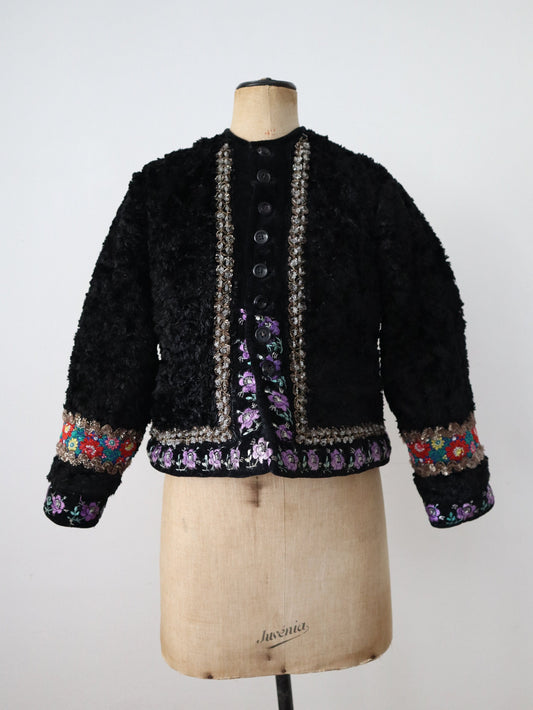 1930s Hungarian Folk Jacket Black Velvet Floral Ribbon Trim Sequins Eastern European