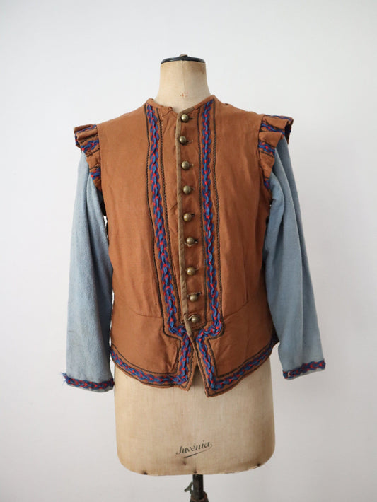 Antique French Theatre Costume Jacket Brown Cotton Blue Sleeves Ribbon Trim Brass Buttons