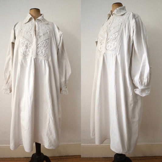 1930s Romanian Linen Smock Shirt Dress Folk Embroidered Traditionel clothing