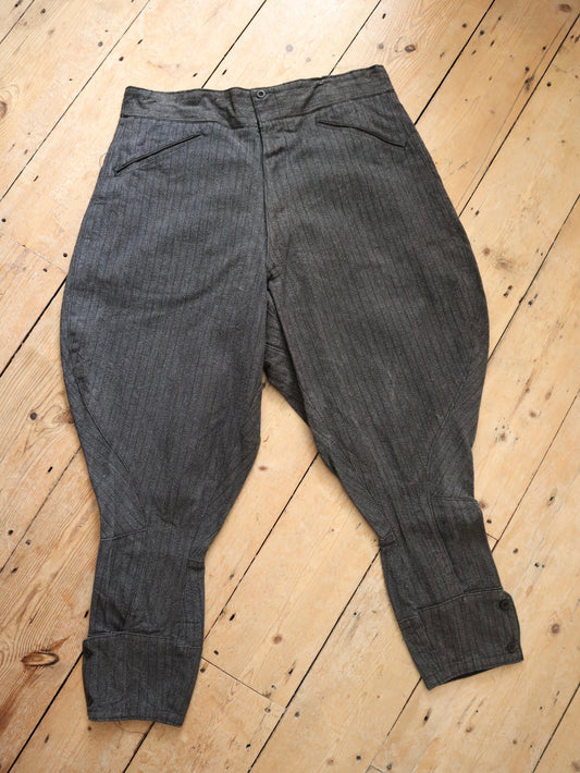 1940s French Grey Stripe Cotton Workwear Breeches Trousers Pants Chore Salt Pepper
