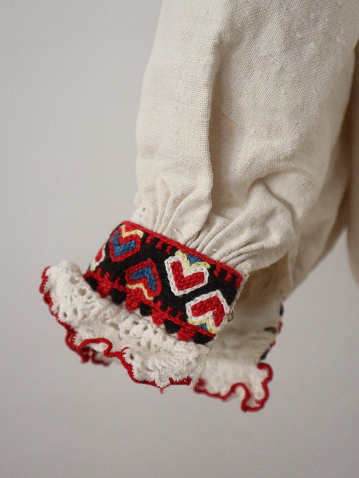 1930s Hungarian Linen Folk Blouse Homespun Heart Embroidered Cuffs Eastern European Traditional Costume