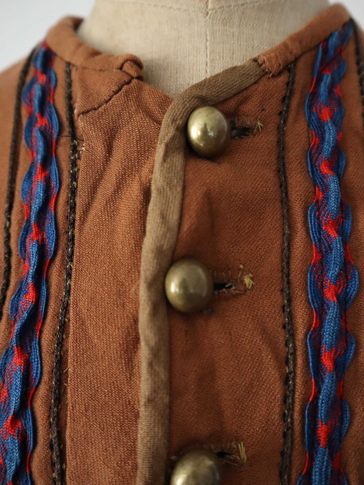 Antique French Theatre Costume Jacket Brown Cotton Blue Sleeves Ribbon Trim Brass Buttons