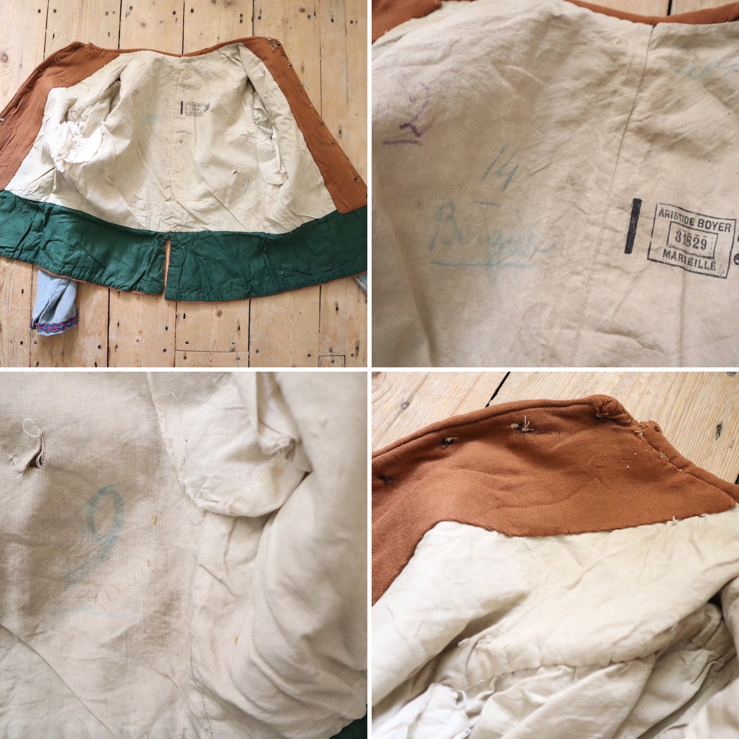 Antique French Theatre Costume Jacket Brown Cotton Blue Sleeves Ribbon Trim Brass Buttons
