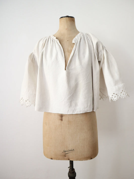 1930s Hungarian Linen Folk Blouse Angel Sleeves Cutwork