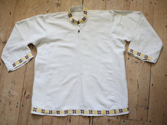 1940s Hungarian Linen Shirt Yellow Brown Embroidery Folk Clothing Eastern European