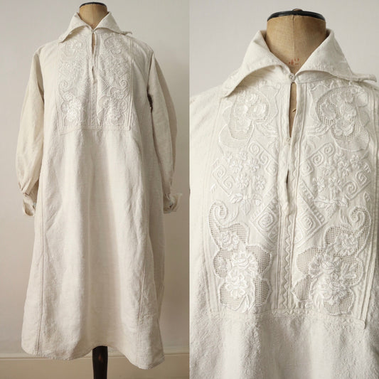 1930s Romanian Linen Folk Smock Shirt Dress Embroidered Traditional Clothing