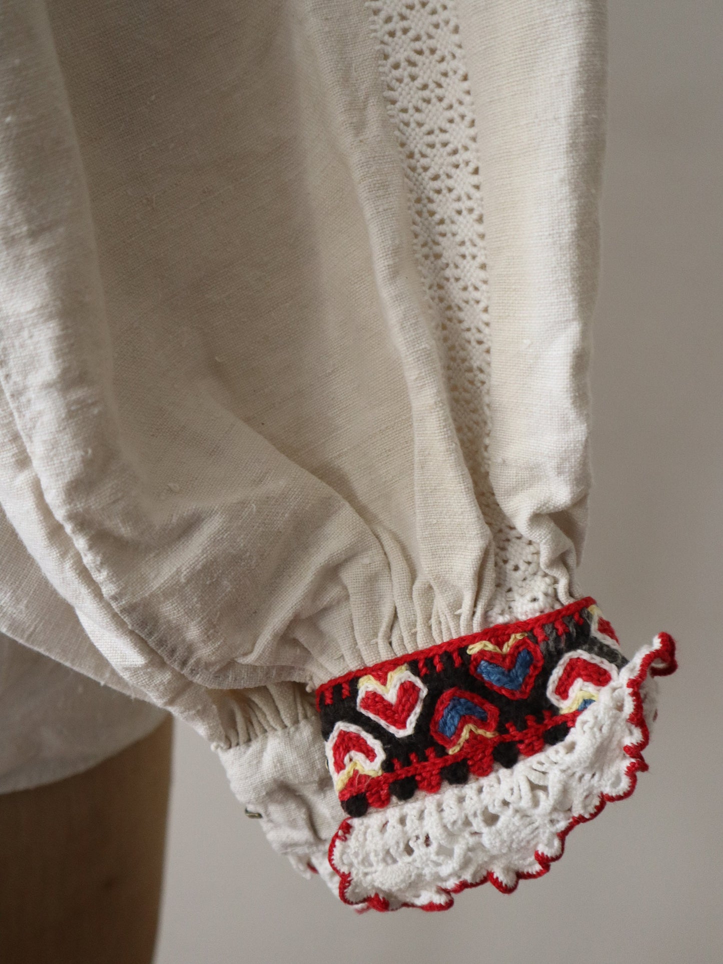 1930s Hungarian Linen Folk Blouse Homespun Heart Embroidered Cuffs Eastern European Traditional Costume