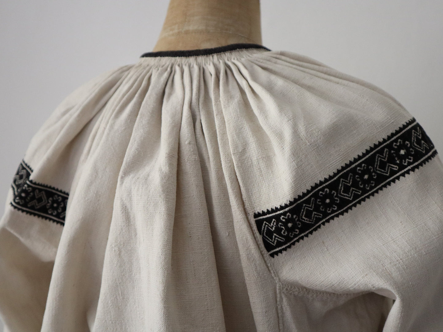 1940s Hungarian Linen Folk Blouse Black Embroidery Homespun Traditional Eastern European Costume