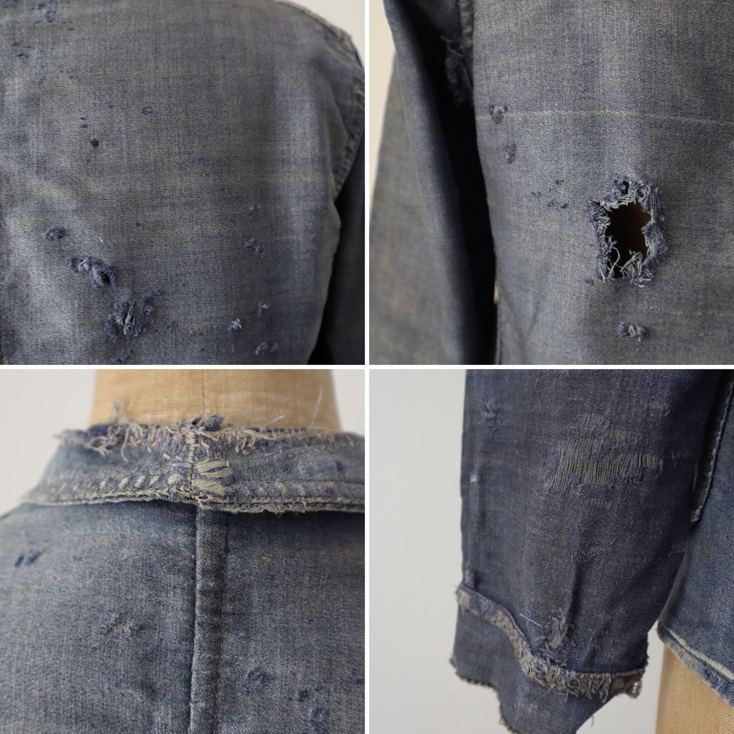 1920s - 30s French Blue Moleskin Jacket Relic Repairs Damage Chore Workwear
