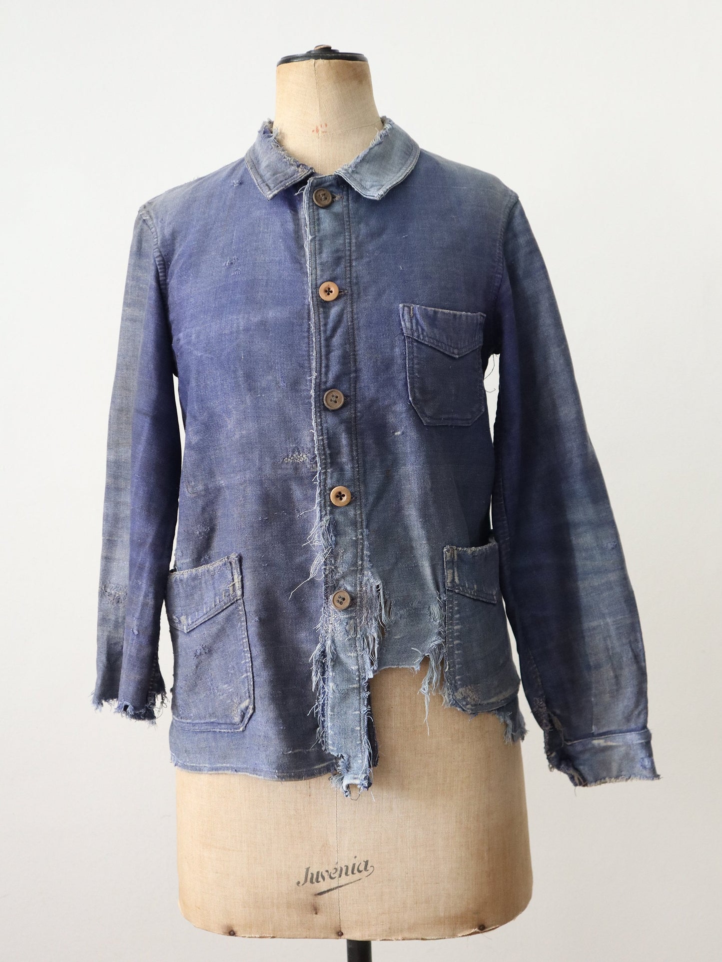 1920s - 30s French Blue Moleskin Jacket Relic Repairs Damage Chore Workwear