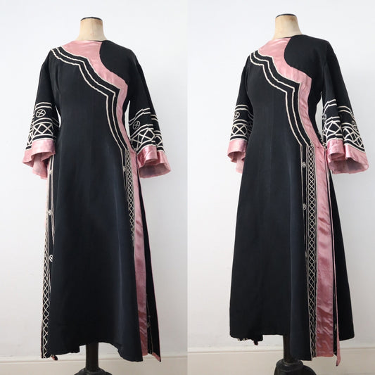 1930s French Opera Costume Dress Pink Silk Black Grosgrain Henri Lebrun Chinese Style Théâtre