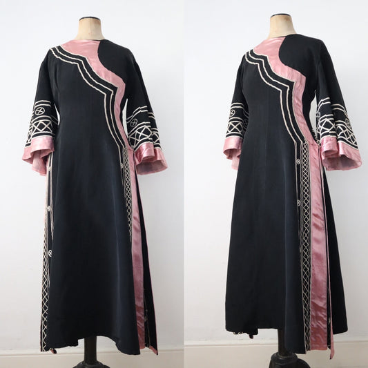 1930s - 40s French Opera Costume Dress Pink Silk Black Grosgrain Henri Lebrun Chinese Style Théâtre