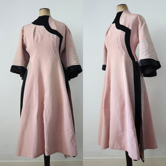 1930s - 40s French Opera Costume Dress Pink Silk Black Grosgrain Henri Lebrun Chinese Style Theatre