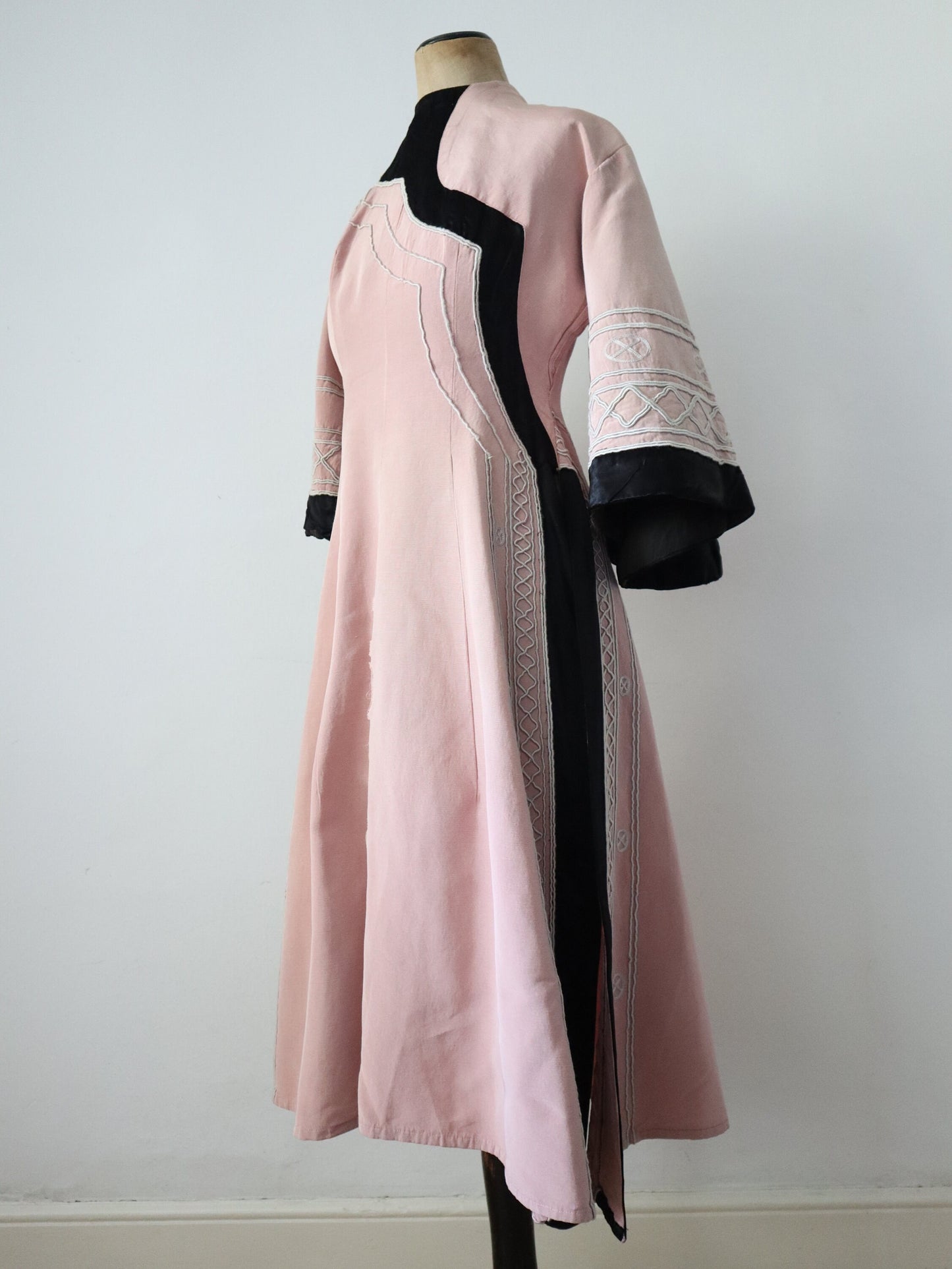 1930s - 40s French Opera Costume Dress Pink Silk Black Grosgrain Henri Lebrun Chinese Style Theatre