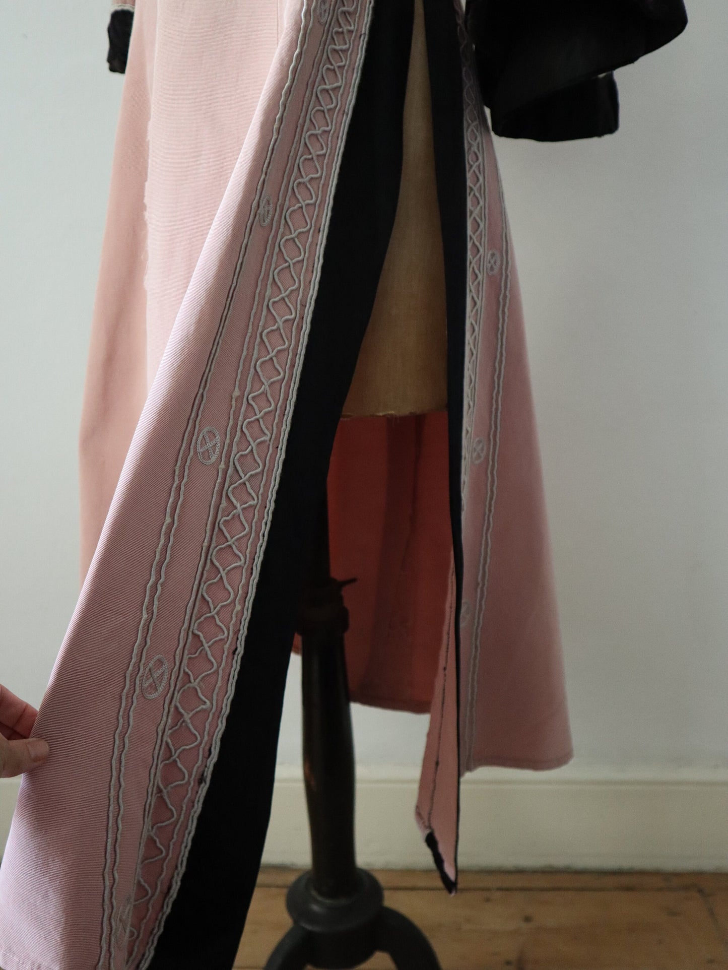 1930s - 40s French Opera Costume Dress Pink Silk Black Grosgrain Henri Lebrun Chinese Style Theatre