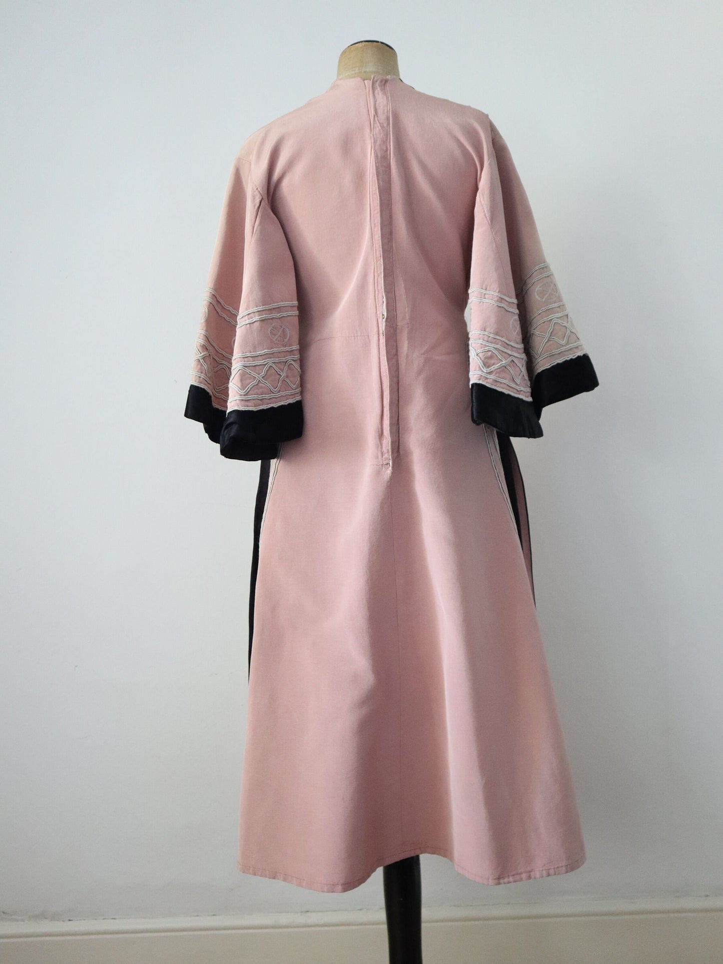 1930s - 40s French Opera Costume Dress Pink Silk Black Grosgrain Henri Lebrun Chinese Style Theatre