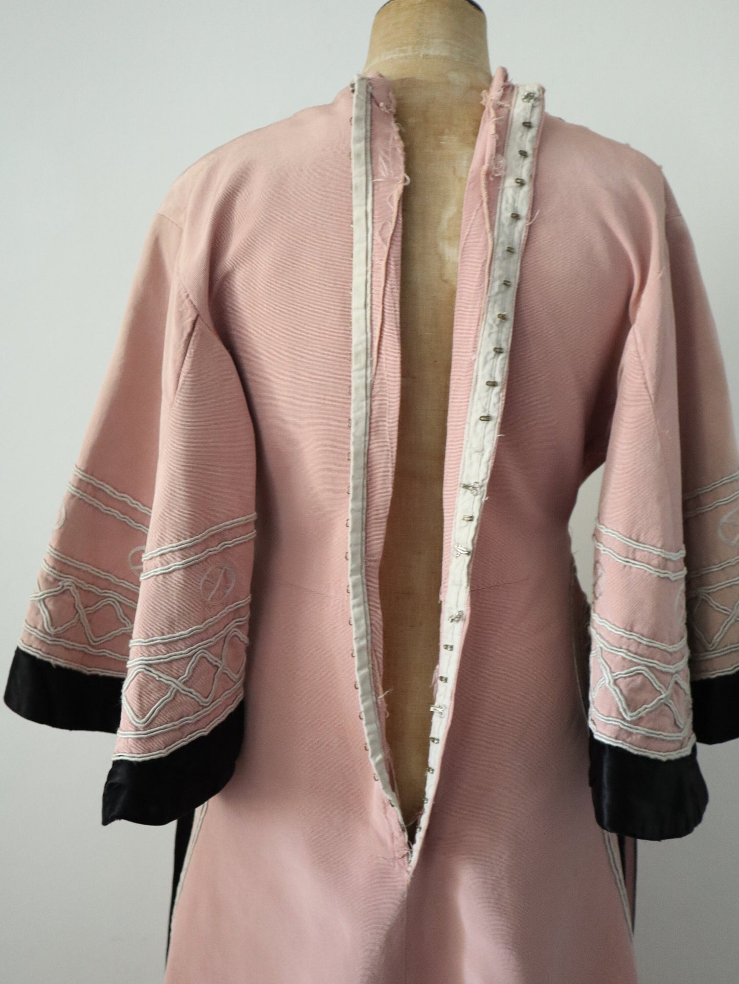 1930s - 40s French Opera Costume Dress Pink Silk Black Grosgrain Henri Lebrun Chinese Style Theatre