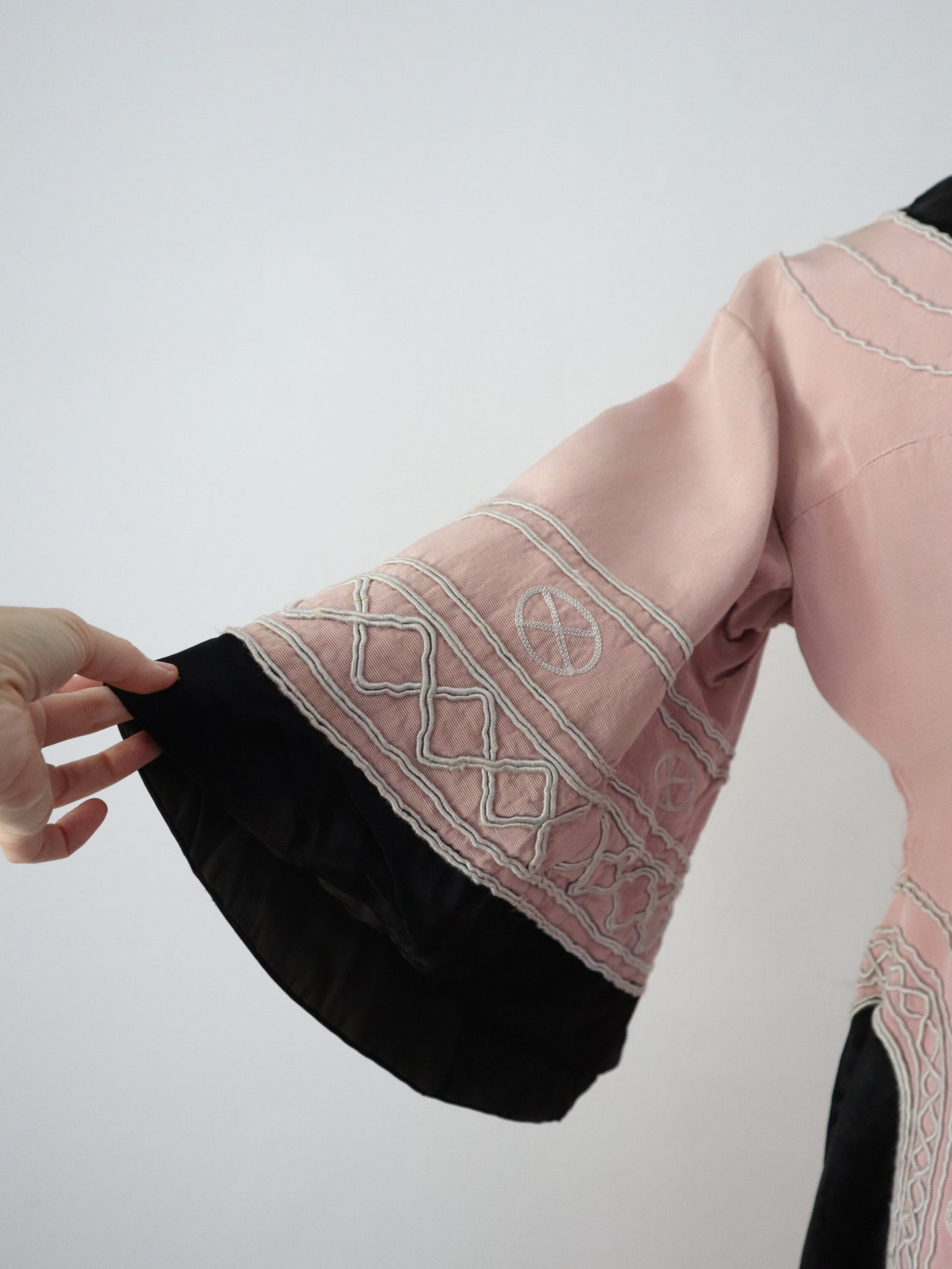 1930s - 40s French Opera Costume Dress Pink Silk Black Grosgrain Henri Lebrun Chinese Style Theatre