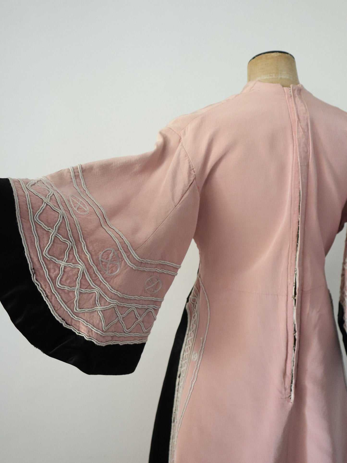 1930s - 40s French Opera Costume Dress Pink Silk Black Grosgrain Henri Lebrun Chinese Style Theatre