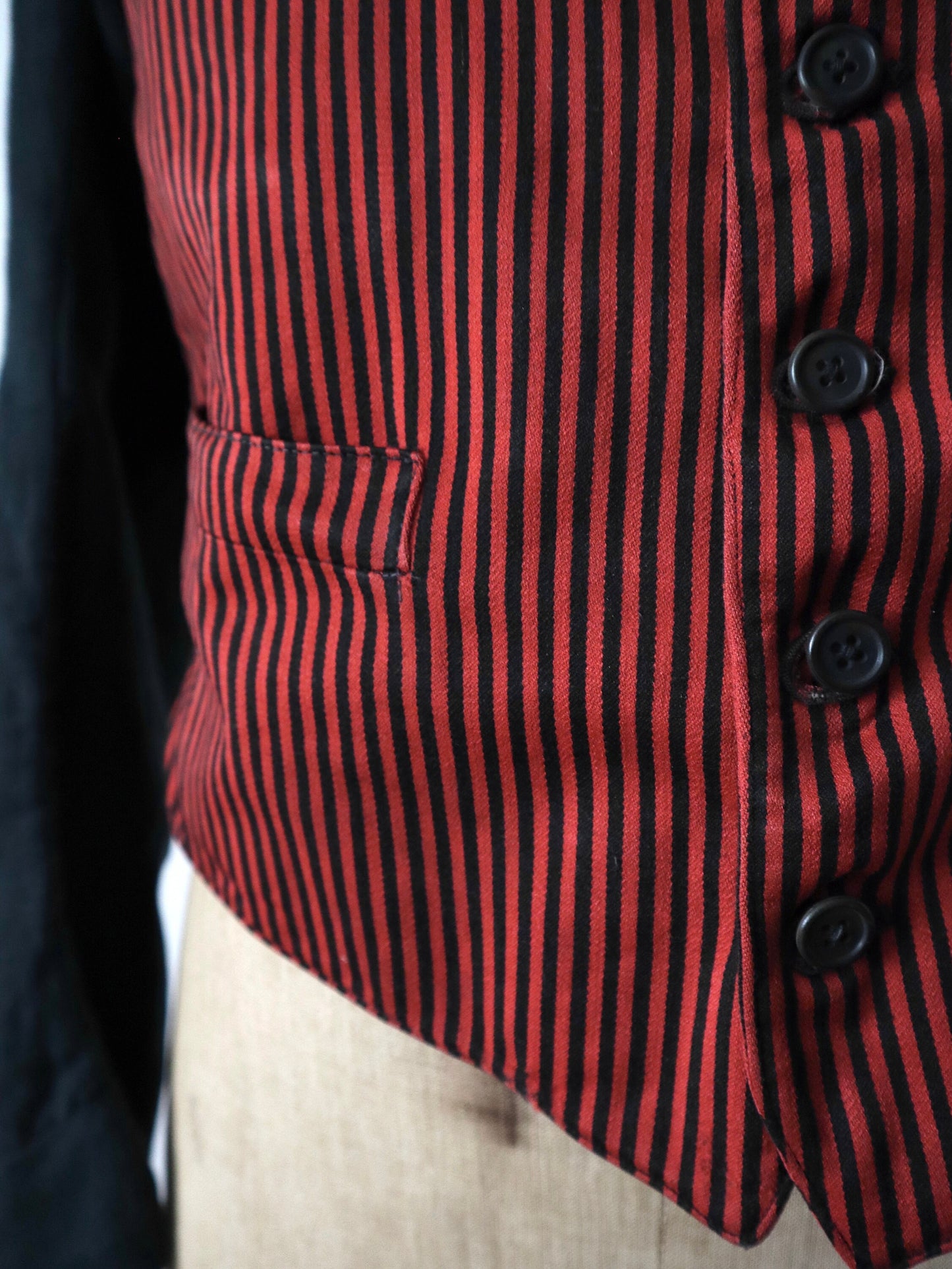 1920s French Red and Black Striped workwear jacket servant cinch back vest sleeves wool cotton