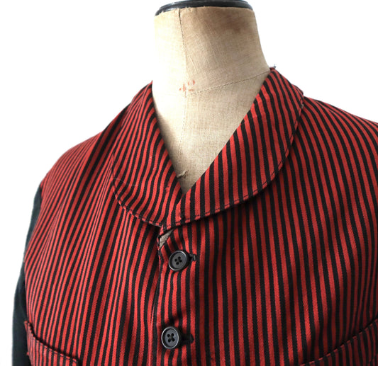 1920s French Red and Black Striped workwear jacket servant cinch back vest sleeves wool cotton