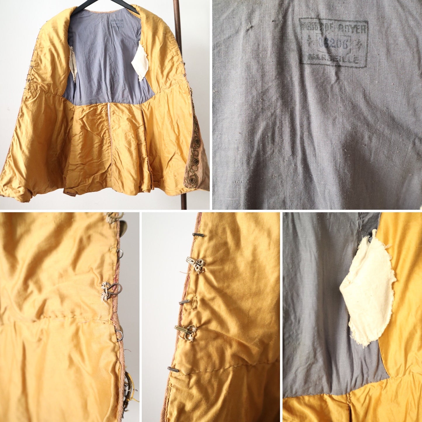 1920s French Theatre Opera Costume Jacket Oriental Style Wide Sleeves Gold Metal Ribbon Trim Yellow Blue