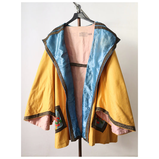 1920s French Theatre Opera Costume Jacket Oriental Style Wide Sleeves Gold Metal Ribbon Trim Yellow Blue