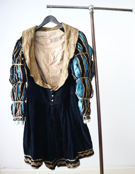 Antique 1910s French Opera Costume Renaissance Style Black Velvet Blue Silk Fold Metal Ribbon Trim Lamé