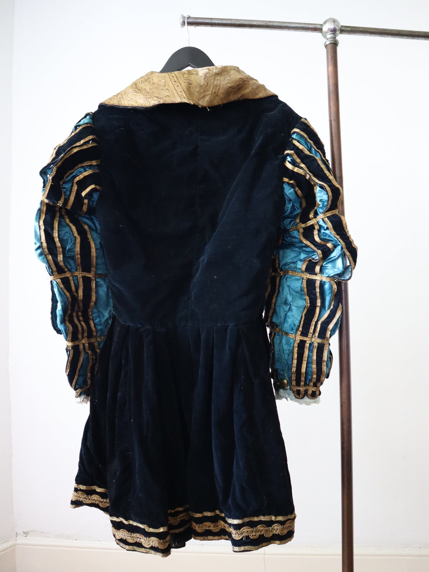 Antique 1910s French Opera Costume Renaissance Style Black Velvet Blue Silk Fold Metal Ribbon Trim Lamé
