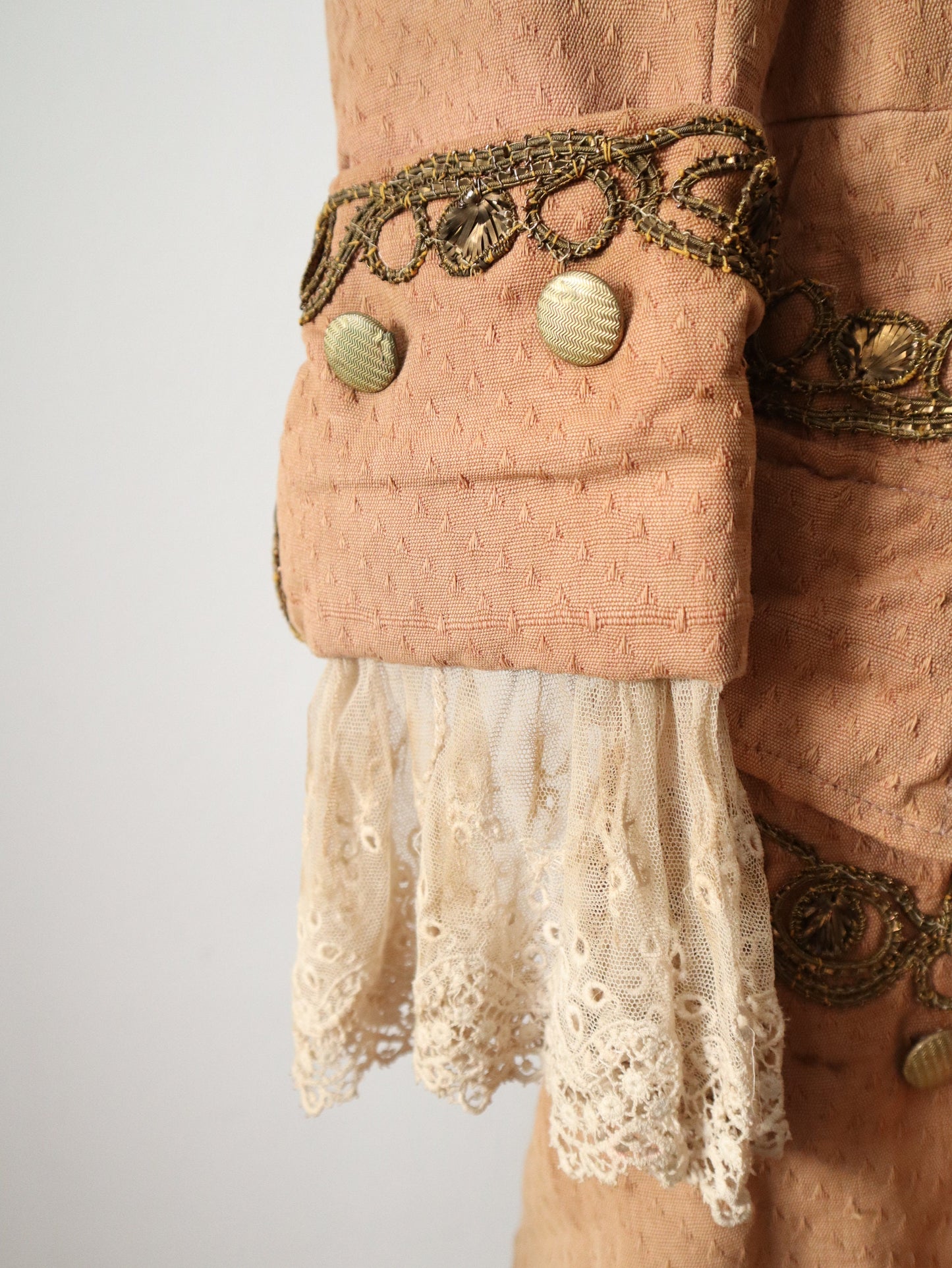 Antique French Theatre Costume Frock Coat Peach Cotton Woven Lave Trim Gold Metal Thread Embellishment 18th Century Style