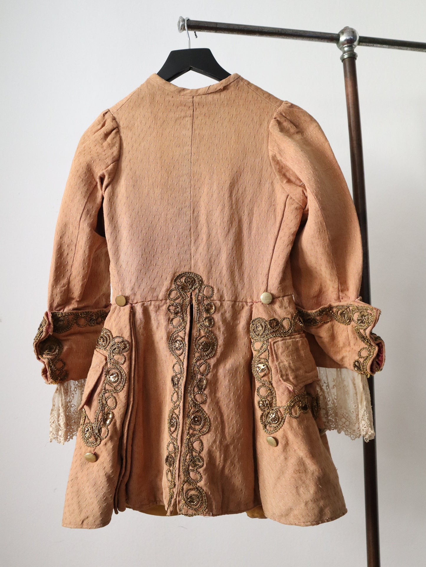 Antique French Theatre Costume Frock Coat Peach Cotton Woven Lave Trim Gold Metal Thread Embellishment 18th Century Style